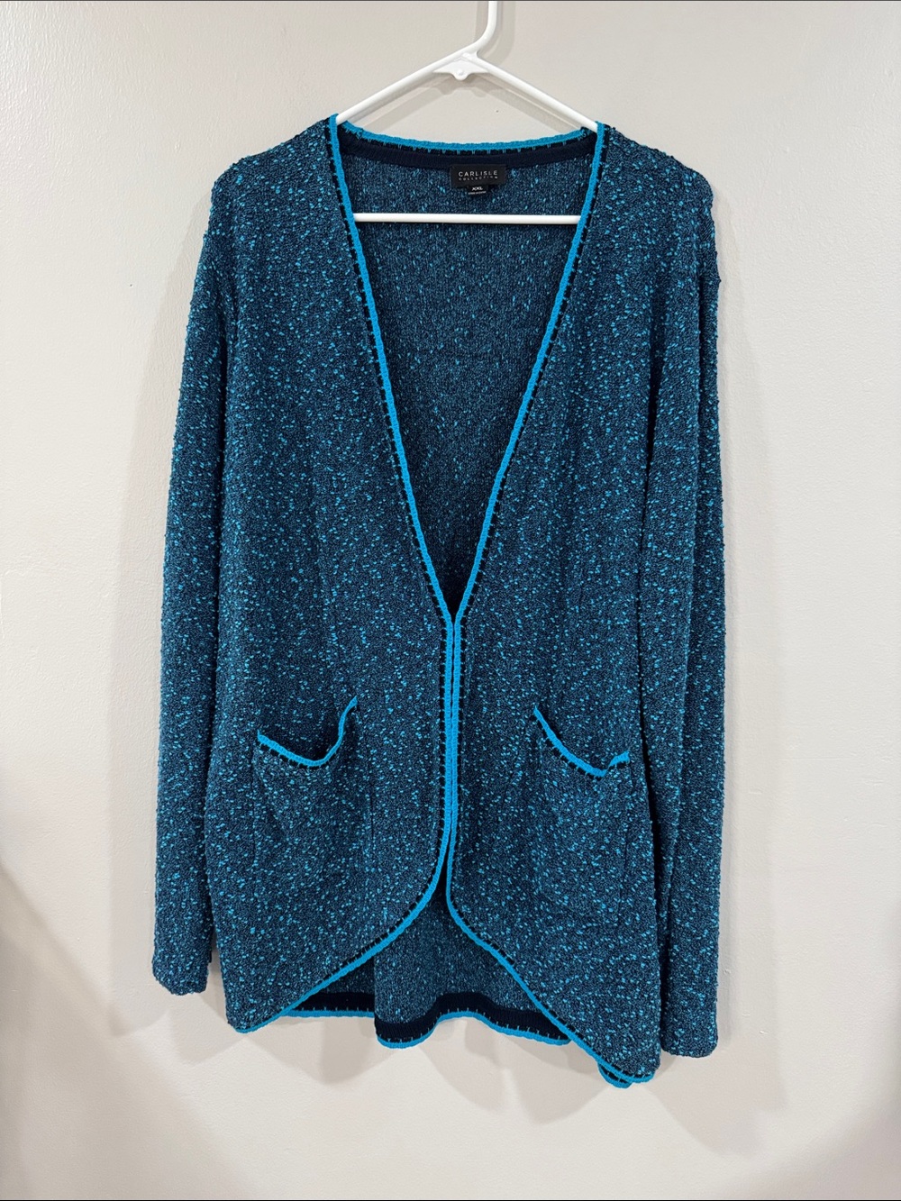 Carlisle collection Teal Bouclé textured pocketed Cardigan with Contrast Trim